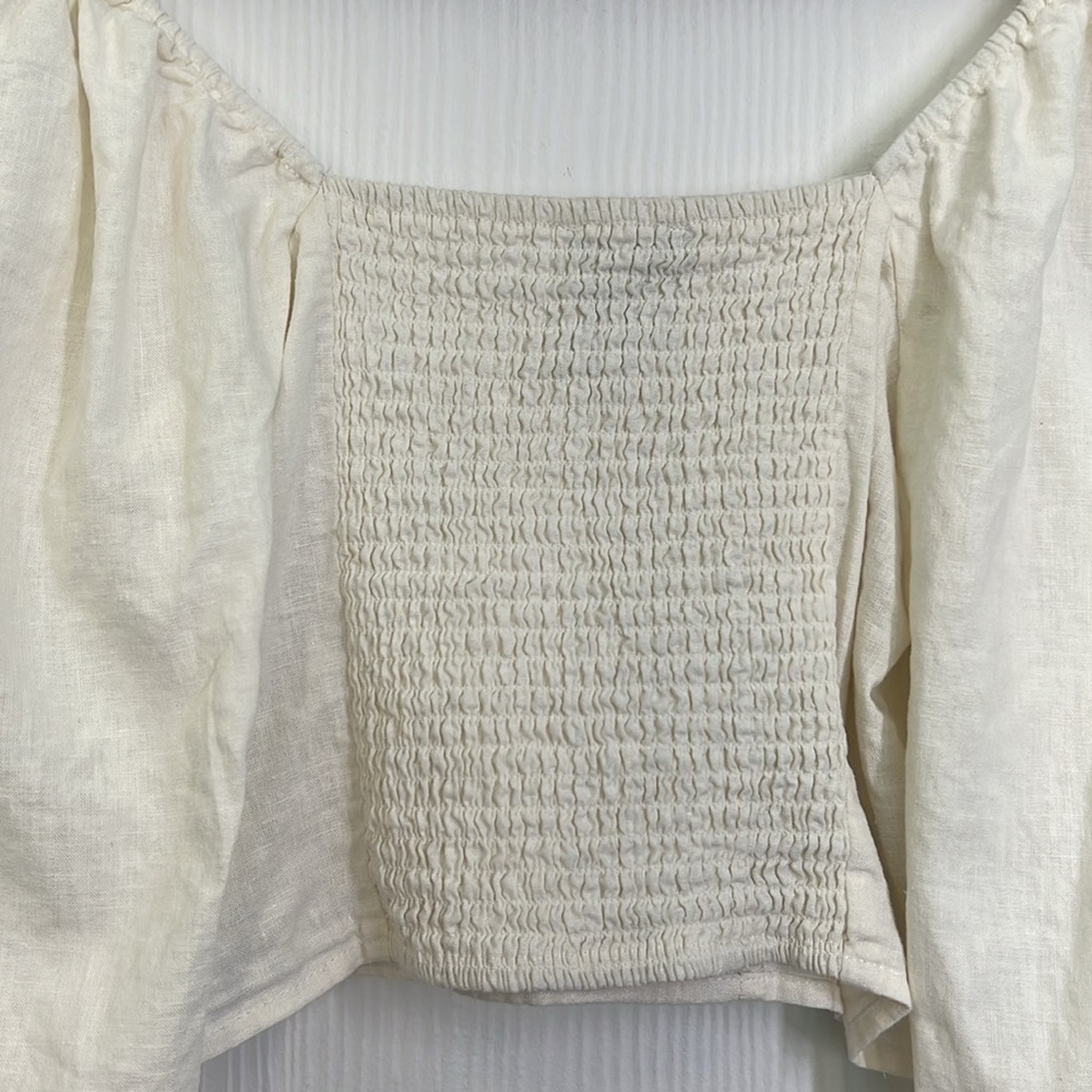 Forever 21 - Ivory Linen Blend Puffed Sleeve Heart Neckline Crop Size Medium - Picture 11 of 11